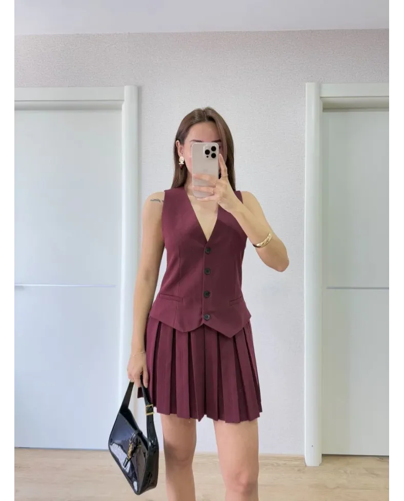 Keten Takım Görünümlü Düğme Detaylı Yelekli Mini Elbise - Bordo