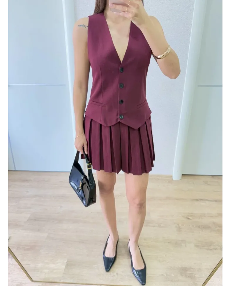 Keten Takım Görünümlü Düğme Detaylı Yelekli Mini Elbise - Bordo