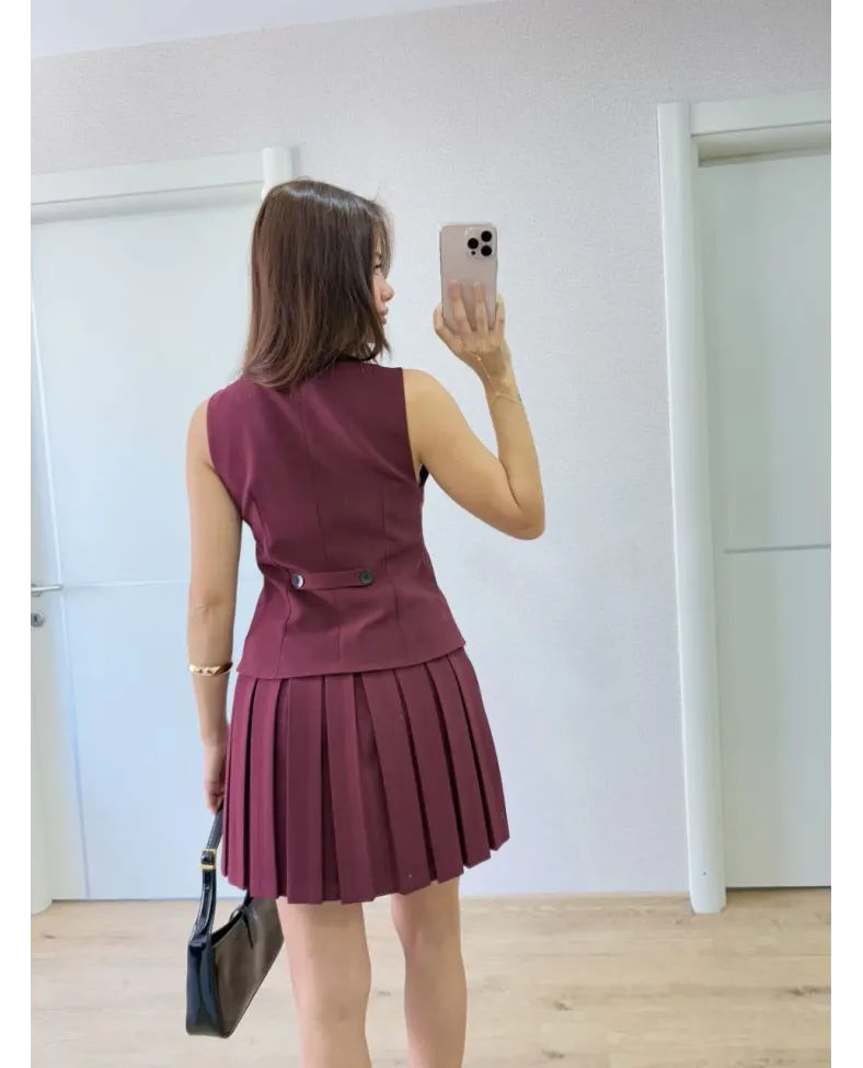 Keten Takım Görünümlü Düğme Detaylı Yelekli Mini Elbise - Bordo
