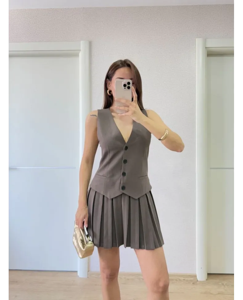 Keten Takım Görünümlü Düğme Detaylı Yelekli Mini Elbise - Füme