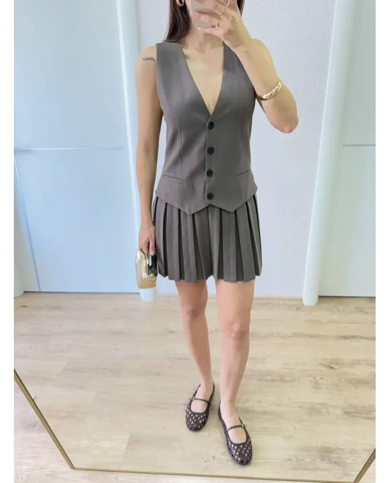 Keten Takım Görünümlü Düğme Detaylı Yelekli Mini Elbise - Füme