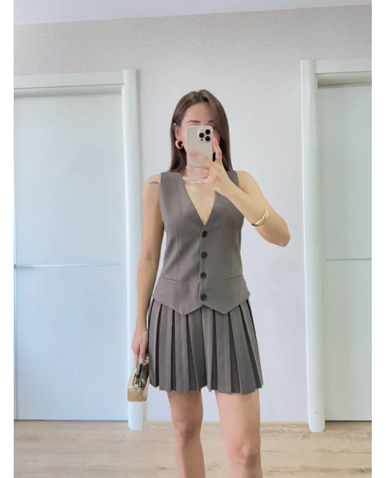 Keten Takım Görünümlü Düğme Detaylı Yelekli Mini Elbise - Füme