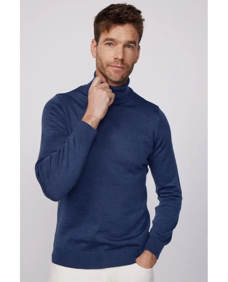 Erkek Tam Boğazlı Balıkçı Yaka Kazak Uzun Kol Düz Dokuma Triko - İndigo Somersan Giyim | Kadın, Erkek ve Çocuk Moda