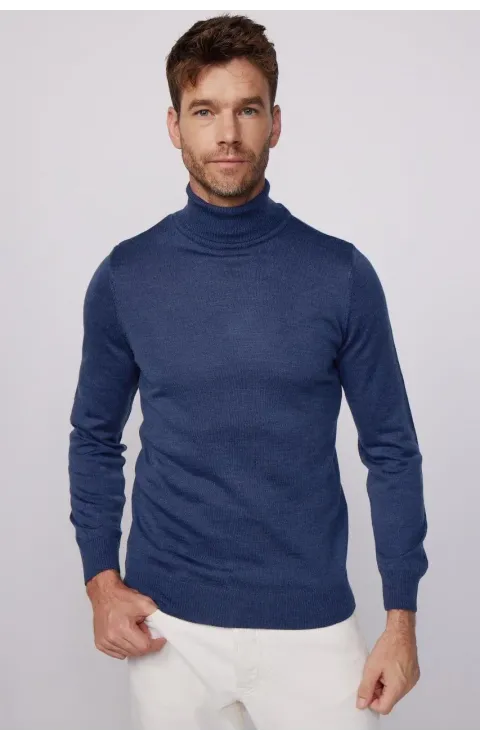 Erkek Tam Boğazlı Balıkçı Yaka Kazak Uzun Kol Düz Dokuma Triko - İndigo