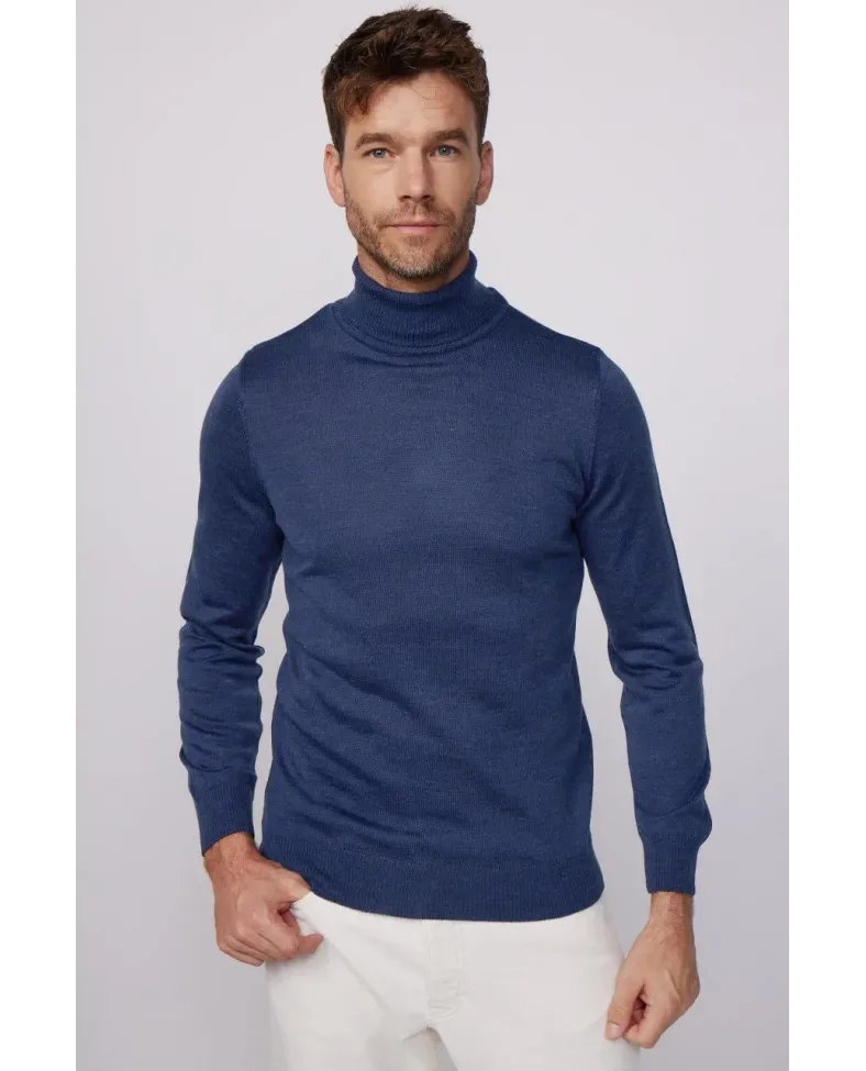 Erkek Tam Boğazlı Balıkçı Yaka Kazak Uzun Kol Düz Dokuma Triko - İndigo Somersan Giyim | Kadın, Erkek ve Çocuk Moda