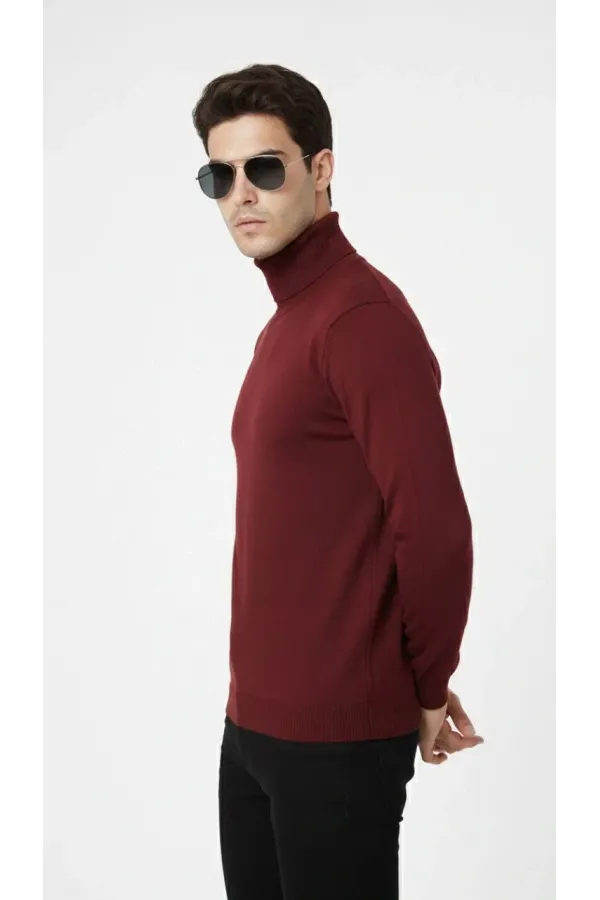 Erkek Tam Balıkçı Boğaz Triko Yumuşak Dokulu Pamuklu Uzun Kollu Kazak - Bordo