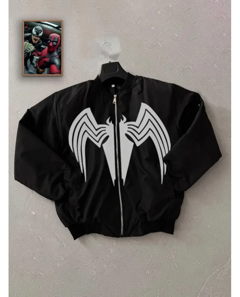 Kadın Siyah Bomber Mont Venom Beyaz Örümcek Logolu Fermuarlı Cepli Kapitone - Siyah