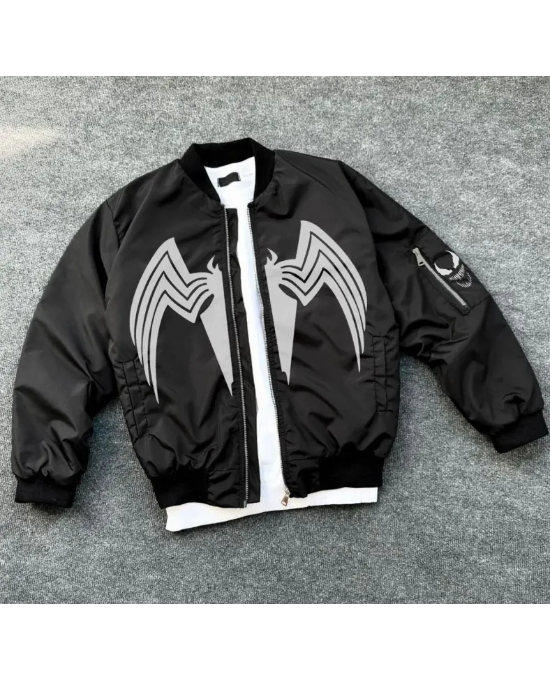 Kadın Siyah Bomber Mont Venom Beyaz Örümcek Logolu Fermuarlı Cepli Kapitone - Siyah