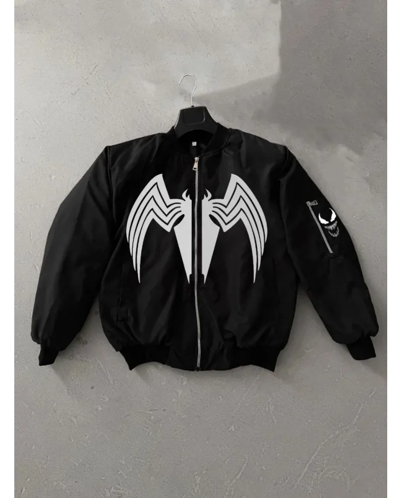 Kadın Siyah Bomber Mont Venom Beyaz Örümcek Logolu Fermuarlı Cepli Kapitone - Siyah