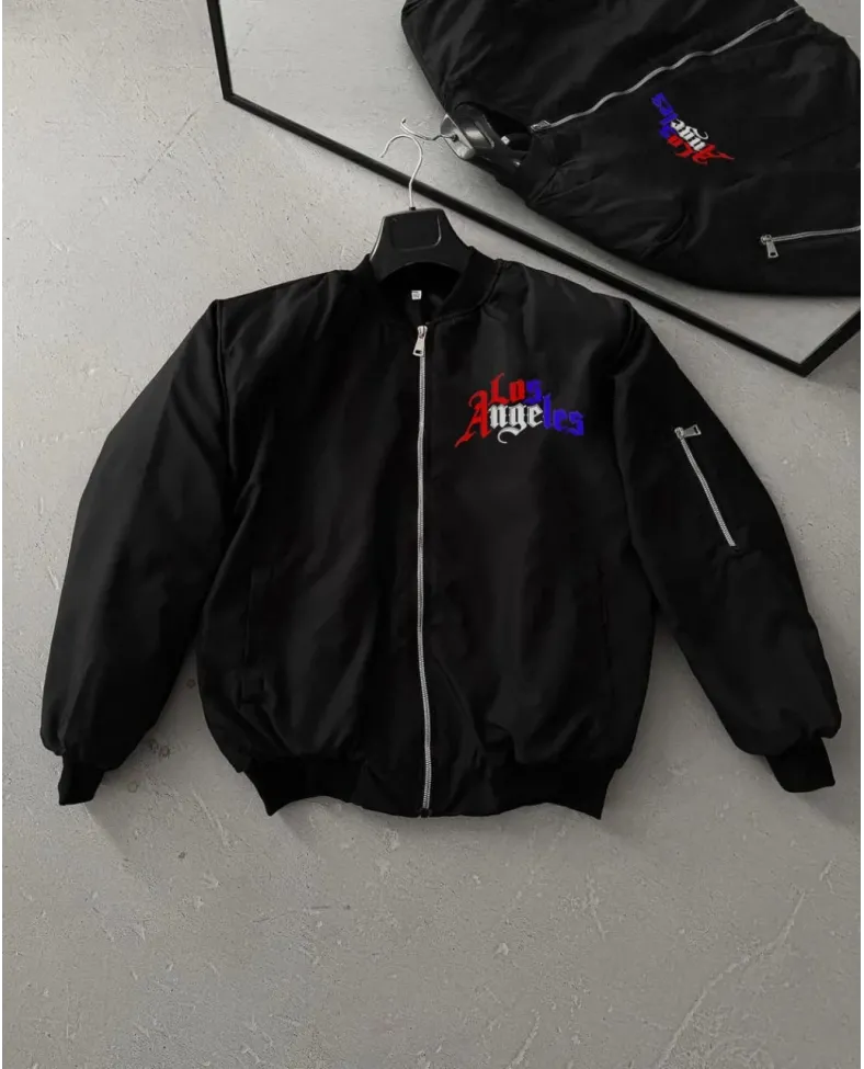 ERKEK Los Angeles Siyah Bomber Mont – Fermuarlı, Cepli, Kapitone Astarlı, Bahar ve Kışlık  Ceket- Siyah