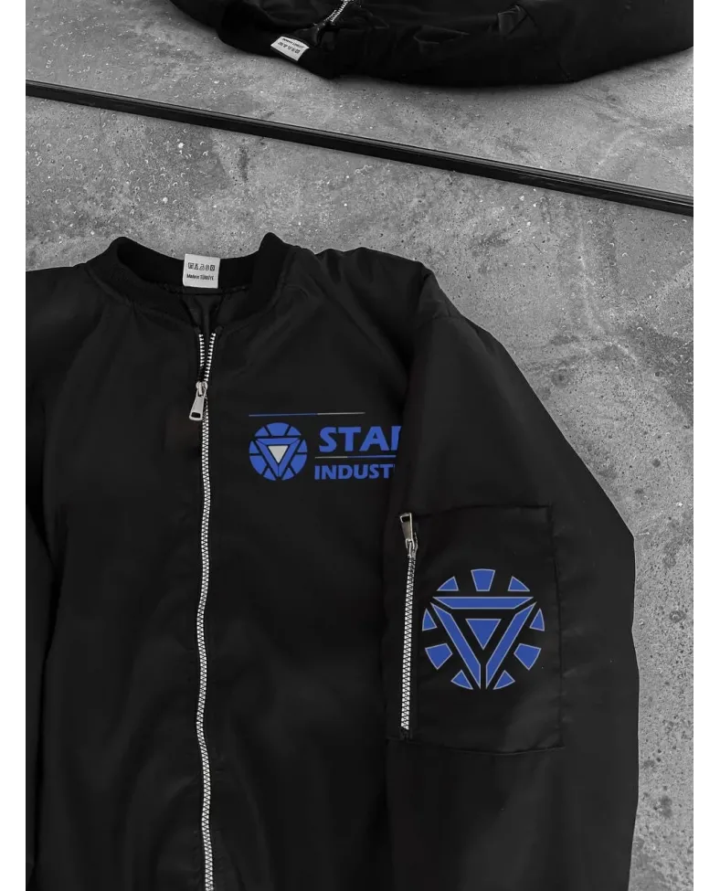 ERKEK Stark Industries Siyah Bomber Mont – Fermuarlı, Cepli, Uzun Kollu, Kapitone Astarlı, Bahar ve Kışlık Ceket - Siyah