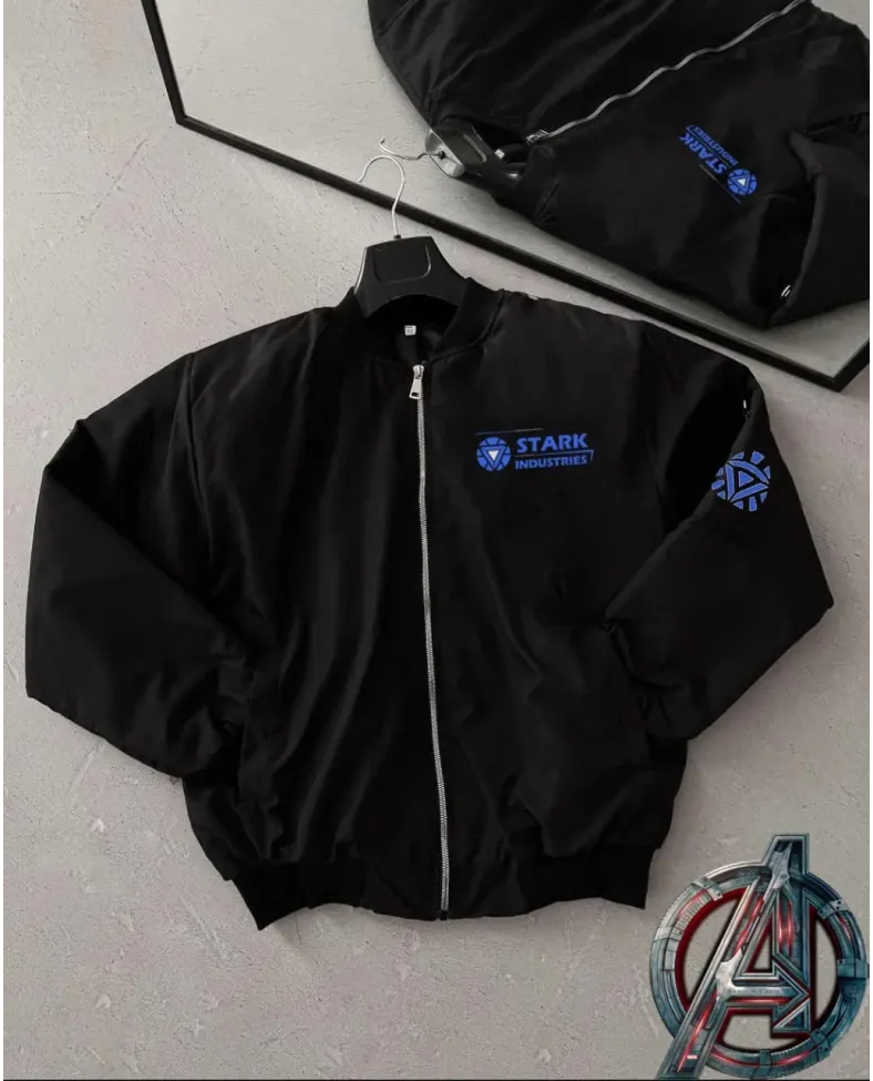 ERKEK Stark Industries Siyah Bomber Mont – Fermuarlı, Cepli, Uzun Kollu, Kapitone Astarlı, Bahar ve Kışlık Ceket - Siyah