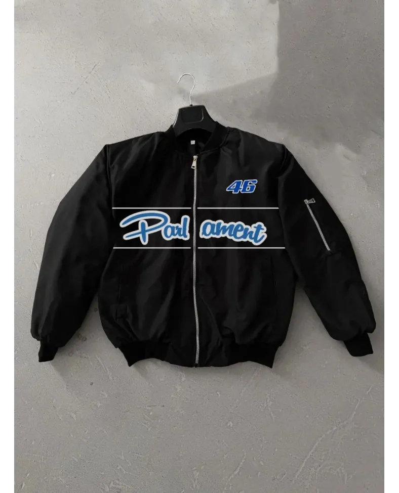 Kadın Siyah Bomber Mont Parliament Yazılı Fermuarlı Cepli Kapitone Astarlı - Siyah