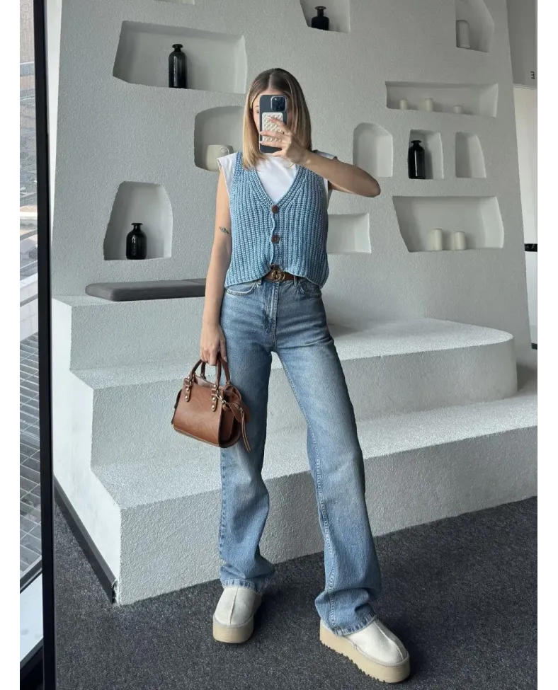 Triko Kolsuz Düğmeli Yelek - Mavi