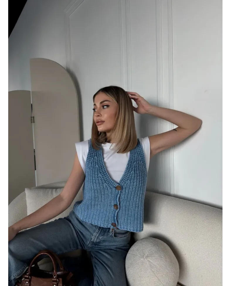 Triko Kolsuz Düğmeli Yelek - Mavi