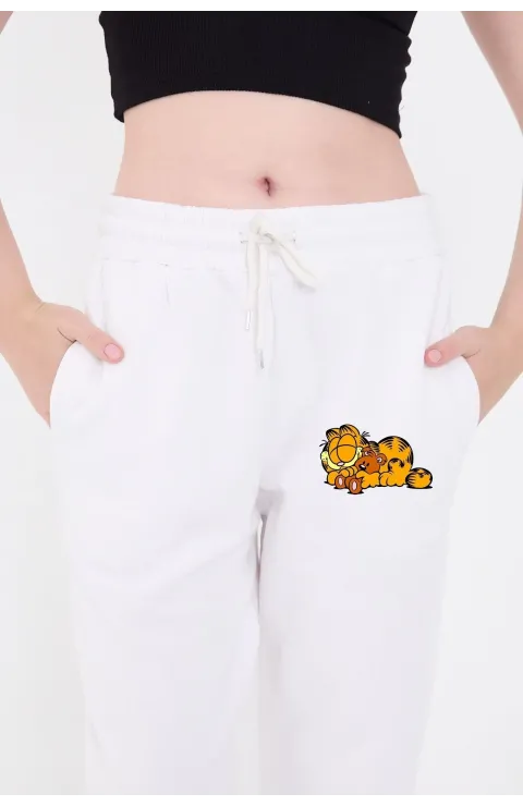 Kadın Üç İplik Pamuklu  Baskılı Paçası Lastikli Cepli Eşofman Pantolon - Beyaz