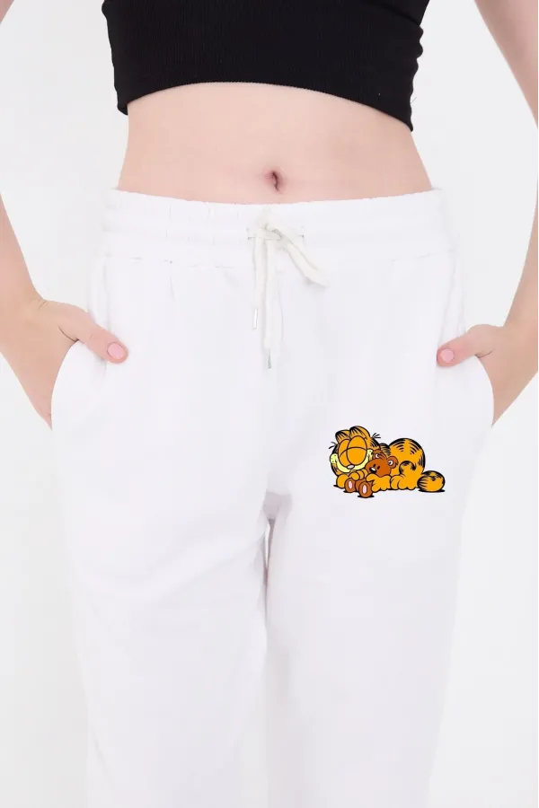 Kadın Üç İplik Pamuklu  Baskılı Paçası Lastikli Cepli Eşofman Pantolon - Beyaz