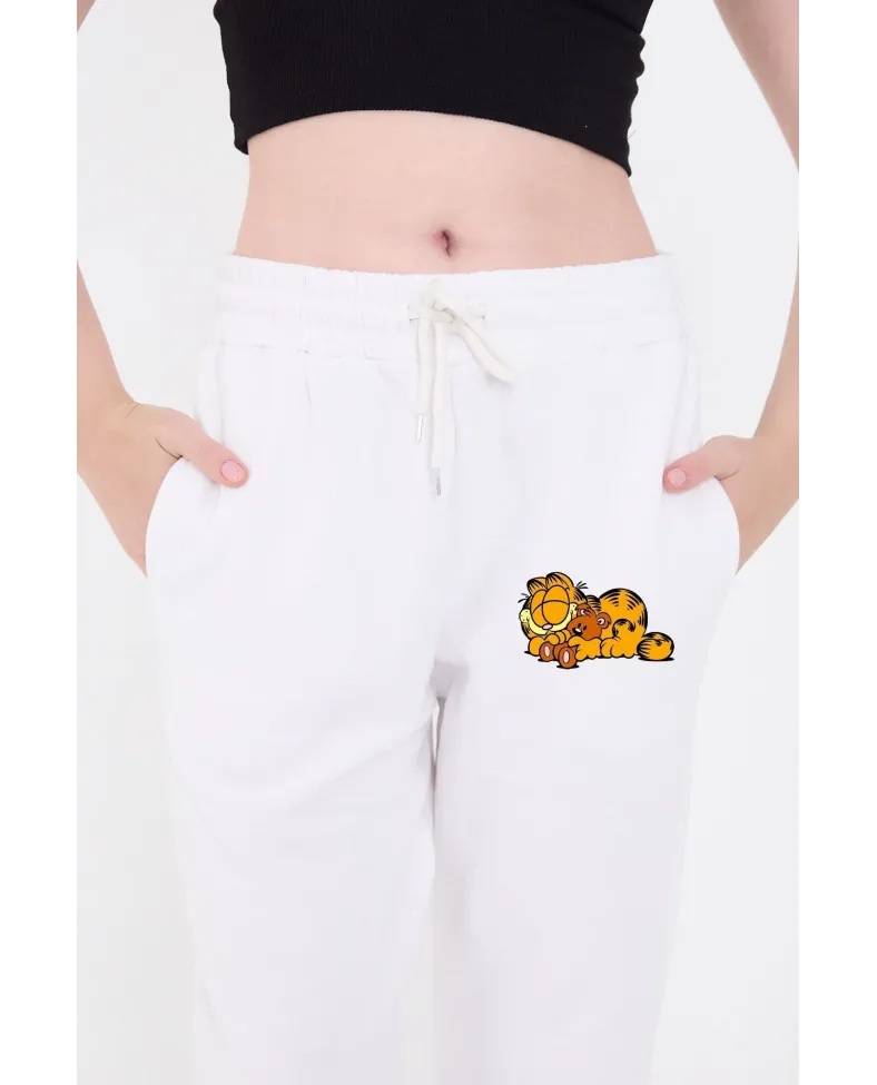 Kadın Üç İplik Pamuklu  Baskılı Paçası Lastikli Cepli Eşofman Pantolon - Beyaz