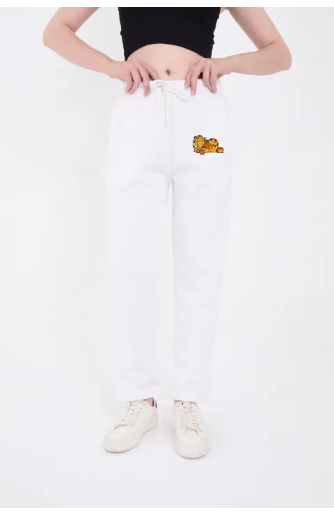 Kadın Üç İplik Pamuklu  Baskılı Paçası Lastikli Cepli Eşofman Pantolon - Beyaz