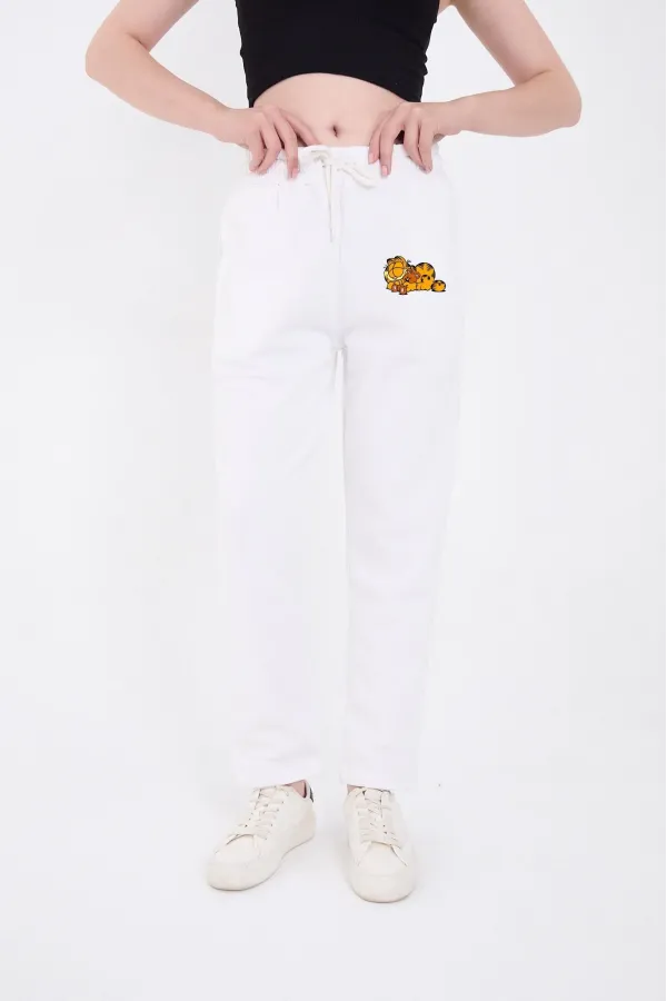 Kadın Üç İplik Pamuklu  Baskılı Paçası Lastikli Cepli Eşofman Pantolon - Beyaz