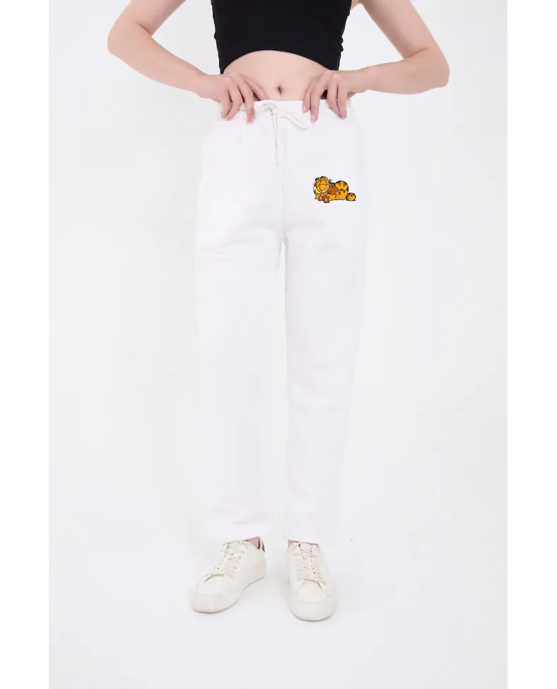 Kadın Üç İplik Pamuklu  Baskılı Paçası Lastikli Cepli Eşofman Pantolon - Beyaz