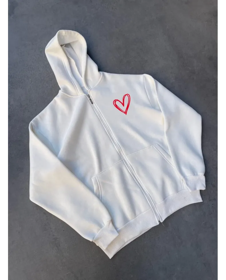 Kadın Üç İplik Baskılı Fermuarlı Kapüşonlu Hırka - Beyaz