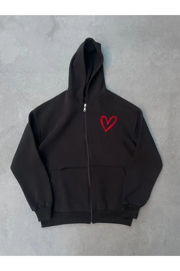 Kadın Üç İplik Baskılı Fermuarlı Kapüşonlu Hırka - Siyah