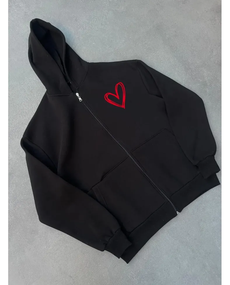 Kadın Üç İplik Baskılı Fermuarlı Kapüşonlu Hırka - Siyah