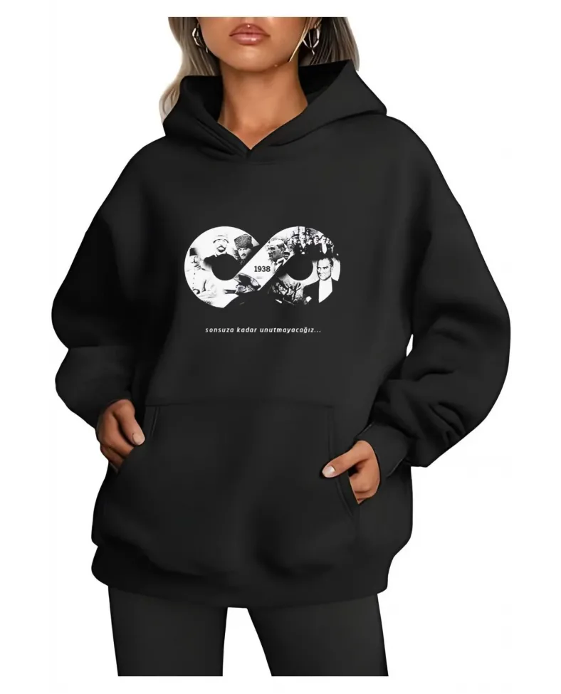 Üç İplik kapüşonlu 10 Kasıma Özel SweatShirt - Siyah