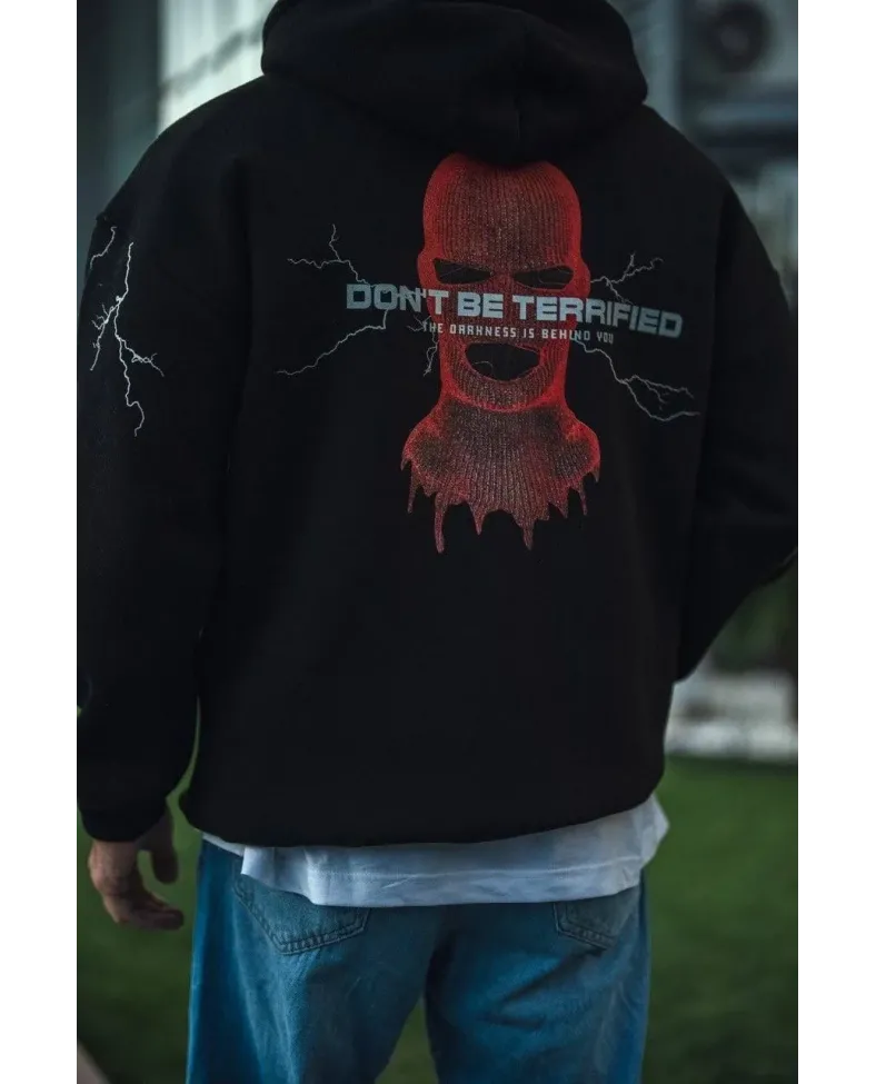 Üç İplik Kapüşonlu Baskılı Oversize SweatShirt- Siyah