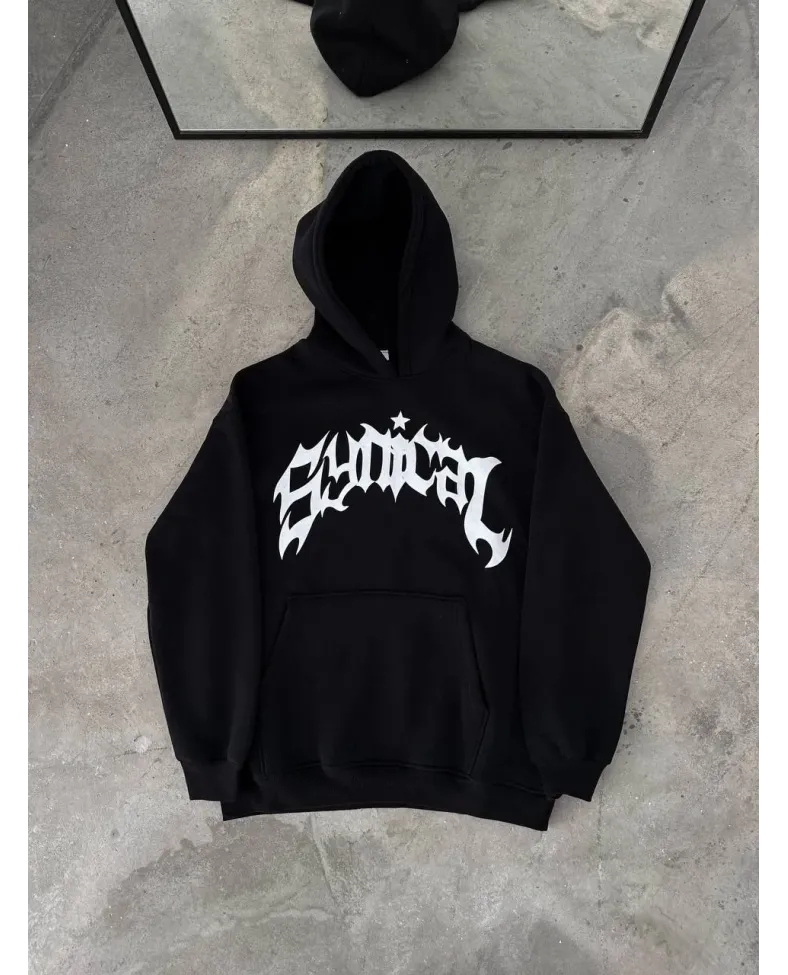 Kışlık Kapüşonlu Baskılı Oversize SweatShirt- Siyah