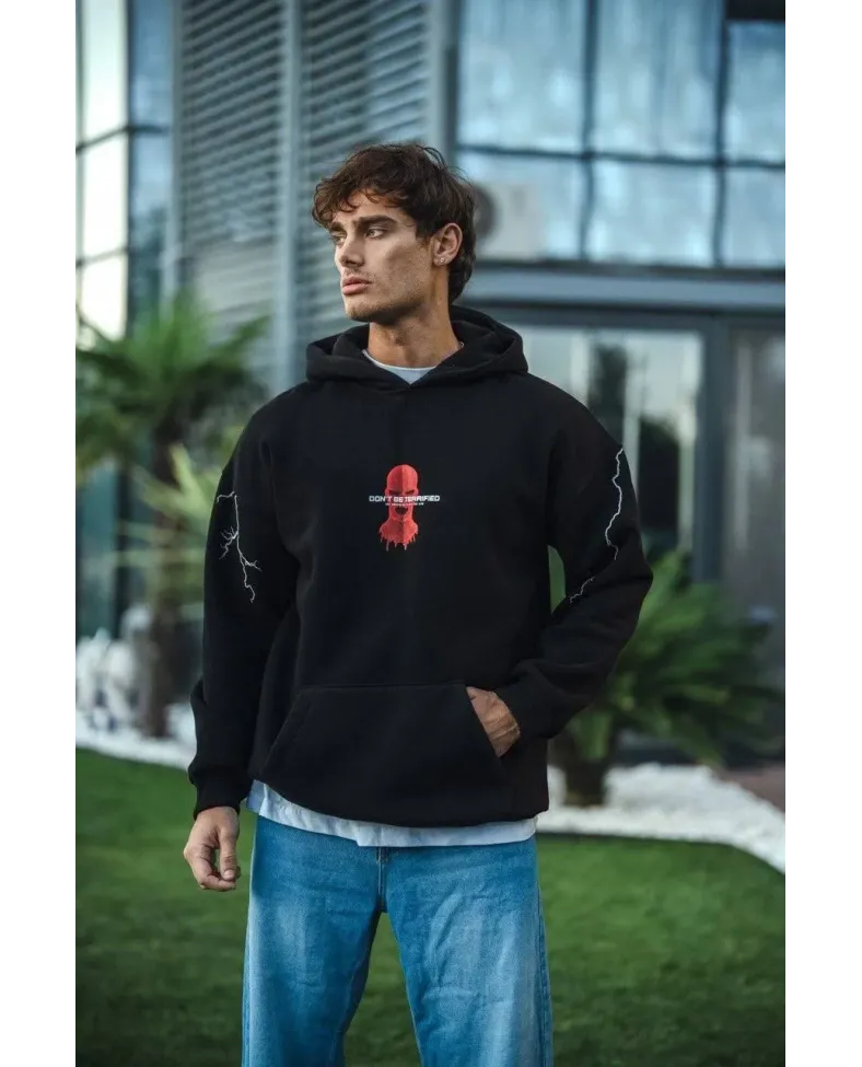 Üç İplik Kapüşonlu Baskılı Oversize SweatShirt- Siyah