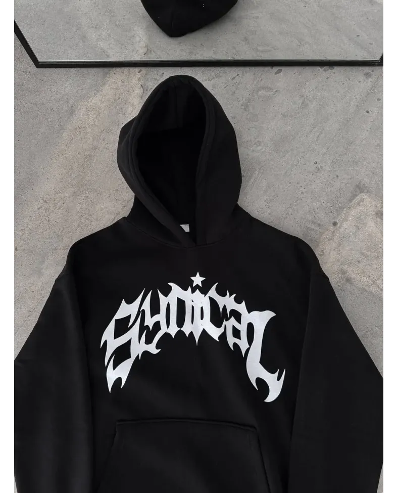 Kışlık Kapüşonlu Baskılı Oversize SweatShirt- Siyah