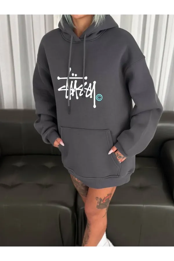 Kadın Kapüşonlu Kanguru Cepli Sweatshirt 3 İplik Pamuklu Baskılı Hoodie -  Füme