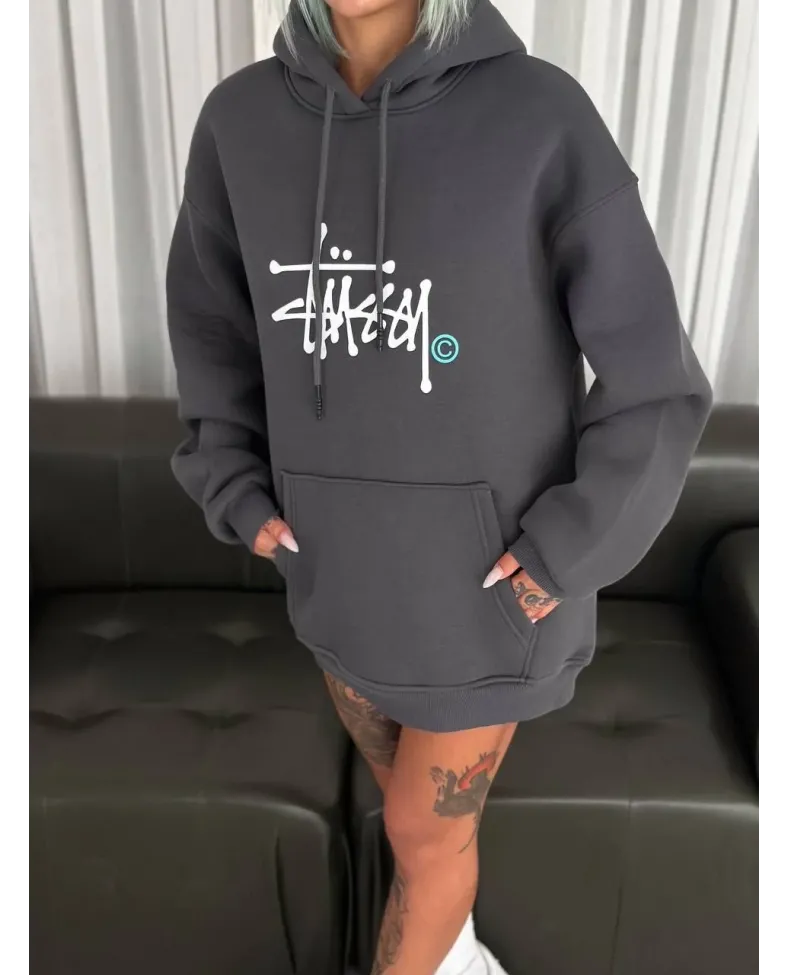 Kadın Oversize Kapüşonlu Cepli Baskılı 3 İplik Pamuklu Hoodie Sweatshirt - Füme Somersan Giyim | Kadın, Erkek ve Çocuk Moda