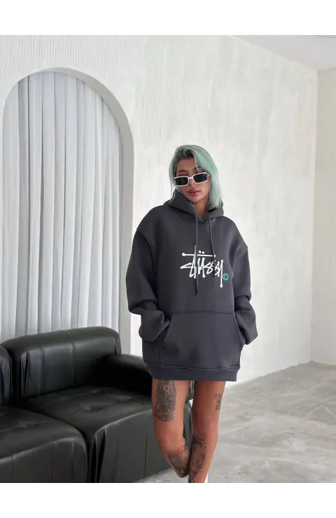 Üç İplik Kapşonlu Baskılı SweatShirt - Füme