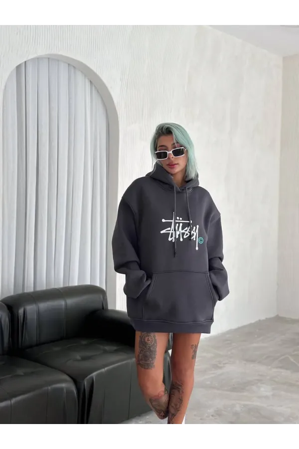 Kadın Kapüşonlu Kanguru Cepli Sweatshirt 3 İplik Pamuklu Baskılı Hoodie -  Füme