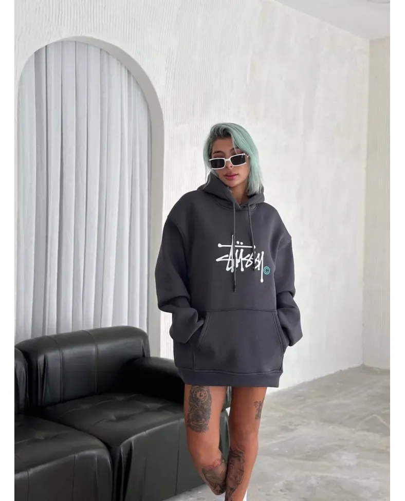 Kadın Oversize Kapüşonlu Cepli Baskılı 3 İplik Pamuklu Hoodie Sweatshirt - Füme Somersan Giyim | Kadın, Erkek ve Çocuk Moda