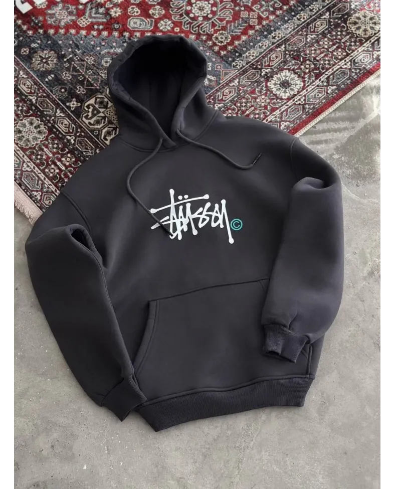 Kadın Oversize Kapüşonlu Cepli Baskılı 3 İplik Pamuklu Hoodie Sweatshirt - Füme Somersan Giyim | Kadın, Erkek ve Çocuk Moda