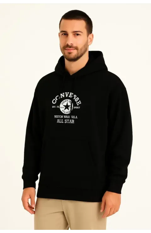Erkek 3 İplik Pamuklu Kapüşonlu Kanguru Cepli Baskılı Oversize Hoodie Sweatshirt - Siyah