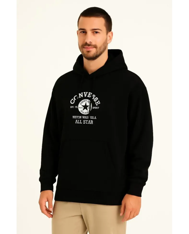 Erkek 3 İplik Pamuklu Kapüşonlu Kanguru Cepli Baskılı Oversize Hoodie Sweatshirt - Siyah