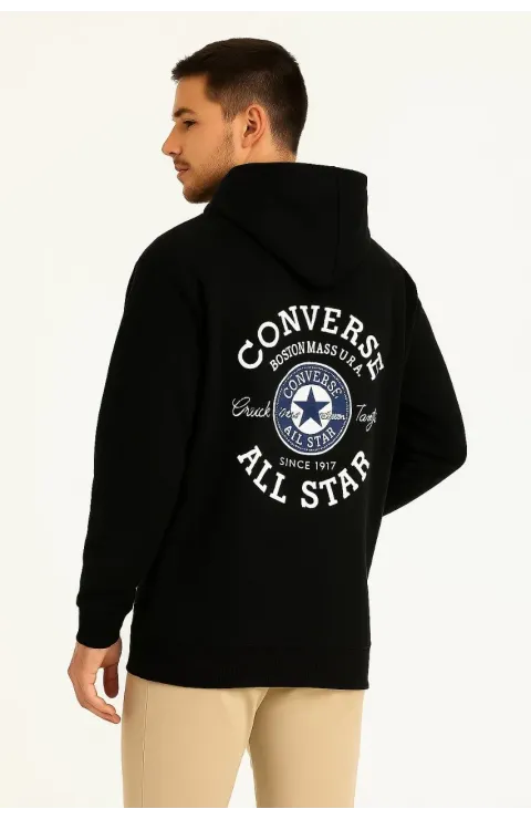 Erkek 3 İplik Pamuklu Kapüşonlu Kanguru Cepli Baskılı Oversize Hoodie Sweatshirt - Siyah