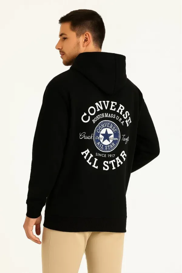 Erkek 3 İplik Pamuklu Kapüşonlu Kanguru Cepli Baskılı Oversize Hoodie Sweatshirt - Siyah