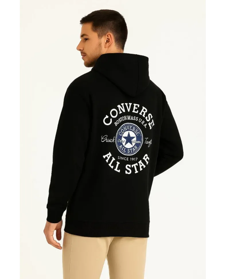 Erkek 3 İplik Pamuklu Kapüşonlu Kanguru Cepli Baskılı Oversize Hoodie Sweatshirt - Siyah