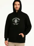 Erkek 3 İplik Pamuklu Kapüşonlu Kanguru Cepli Baskılı Oversize Hoodie Sweatshirt - Siyah