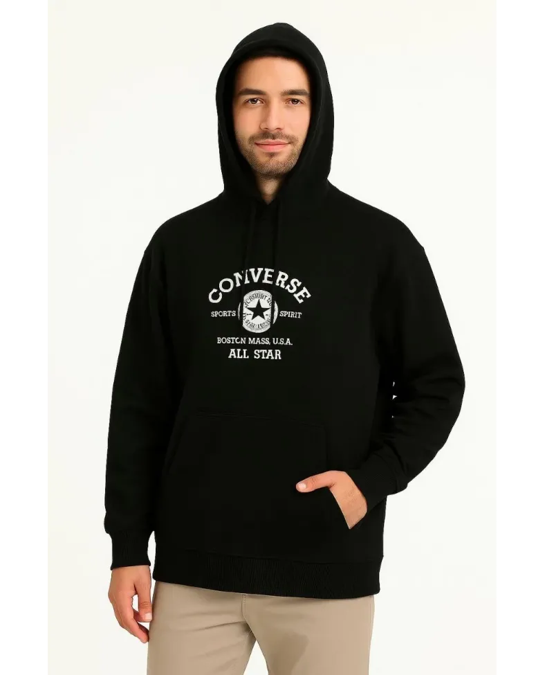 Erkek 3 İplik Pamuklu Kapüşonlu Kanguru Cepli Baskılı Oversize Hoodie Sweatshirt - Siyah