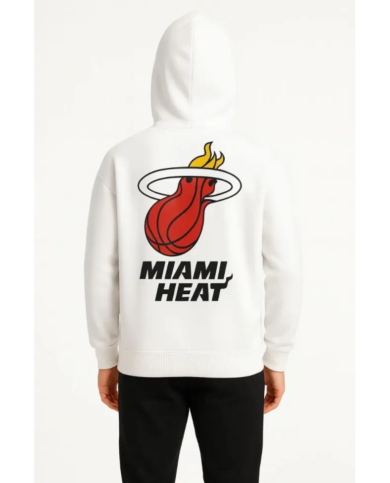 Erkek Kapşonlu Sweatshirt Üç İplik Şardonlu Oversize Fit Ön Arka Baskılı Kanguru - Beyaz