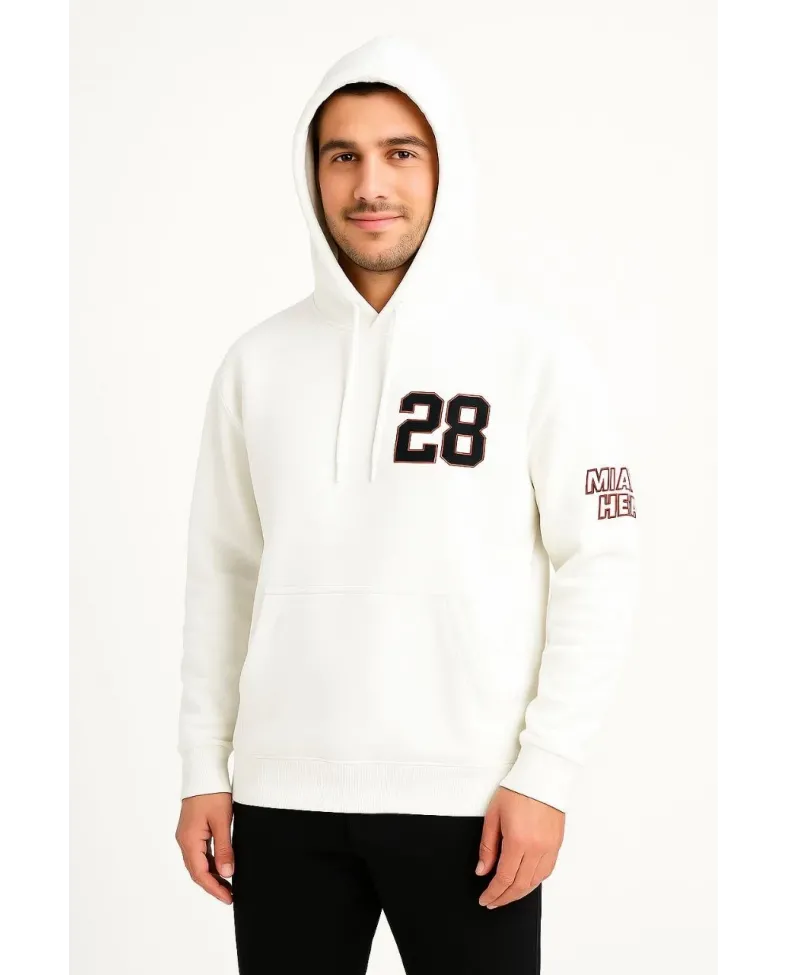 Erkek Kapşonlu Sweatshirt Üç İplik Şardonlu Oversize Fit Ön Arka Baskılı Kanguru - Beyaz