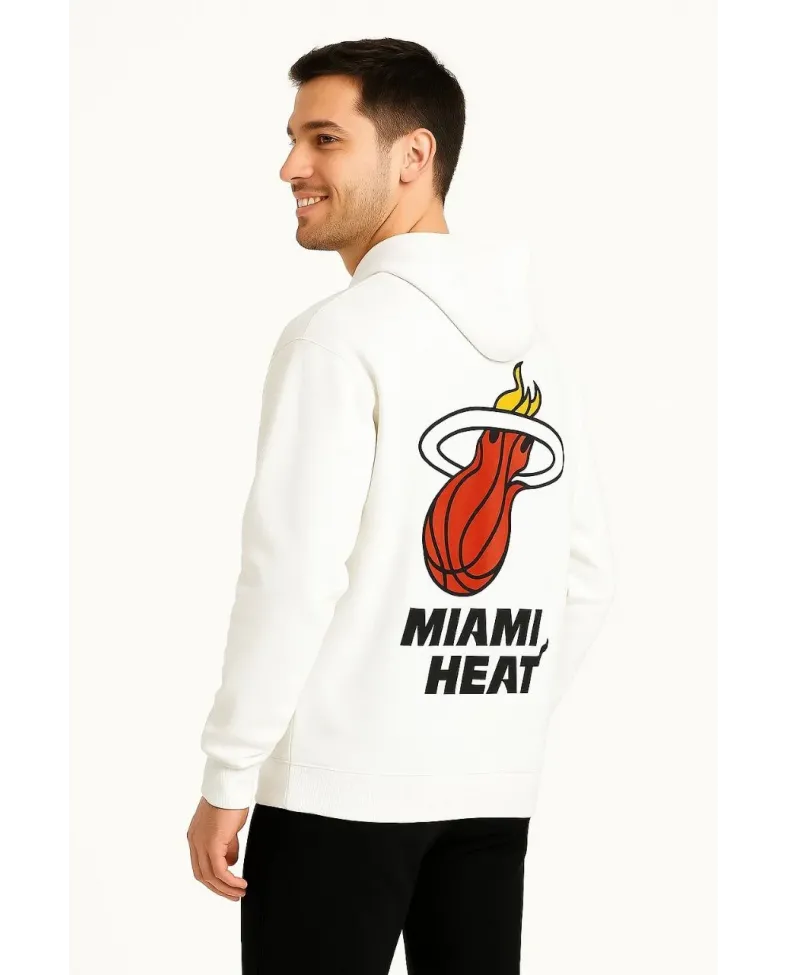 Erkek Kapşonlu Sweatshirt Üç İplik Şardonlu Oversize Fit Ön Arka Baskılı Kanguru - Beyaz