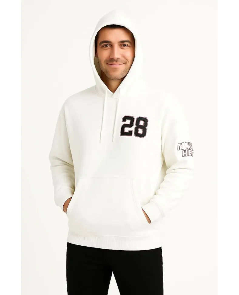 Erkek Kapşonlu Sweatshirt Üç İplik Şardonlu Oversize Fit Ön Arka Baskılı Kanguru - Beyaz